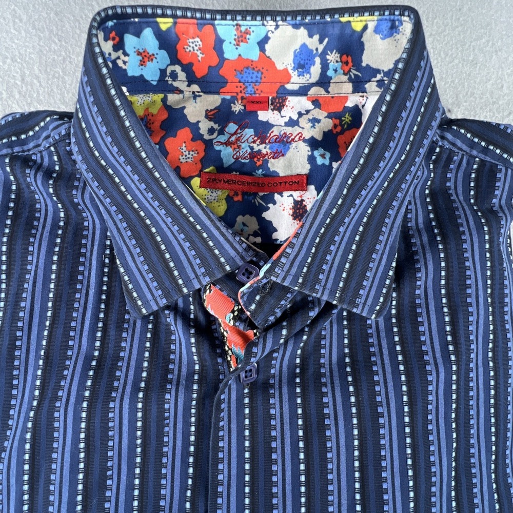 Luchiano Visconti Mens Blue Striped Flip Cuff Button Down Collar Shirt XXL